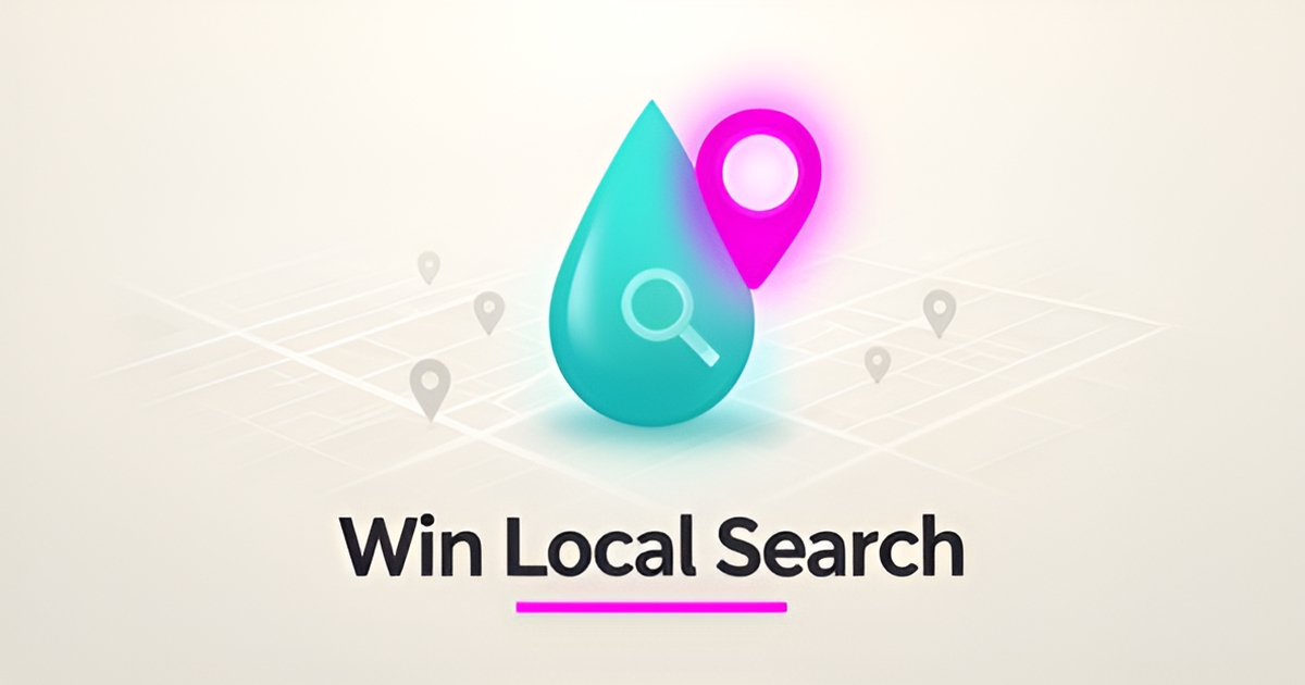 Flat illustration of a water droplet over a map with location pins, symbolizing local SEO for water filtration companies.